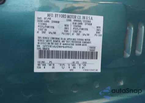 1998 Ford Ranger Super Cab z USA, uszkodzony, nr VIN 1FTYR14U2WPB49943